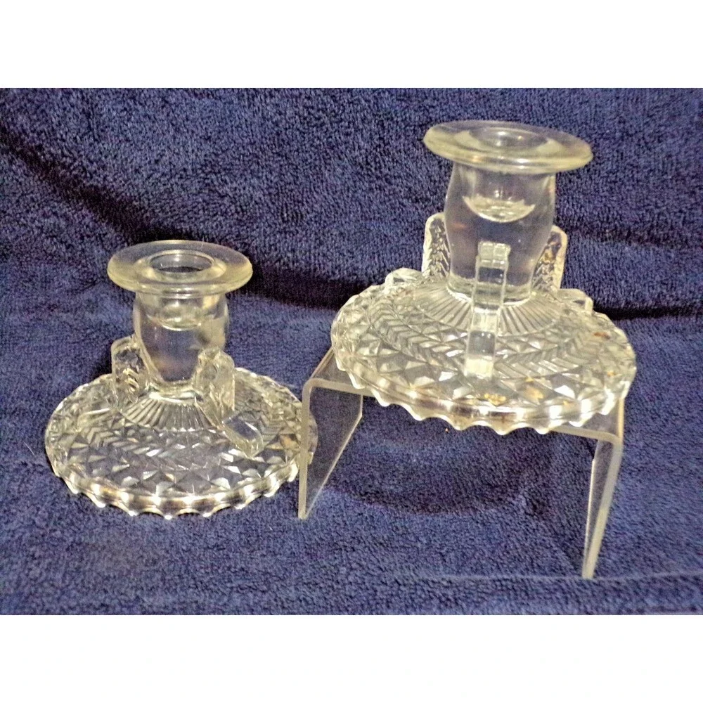 Vintage Herringbone Anchor Hocking Crystal Cut‎ Clear Candle Holders Set of 2